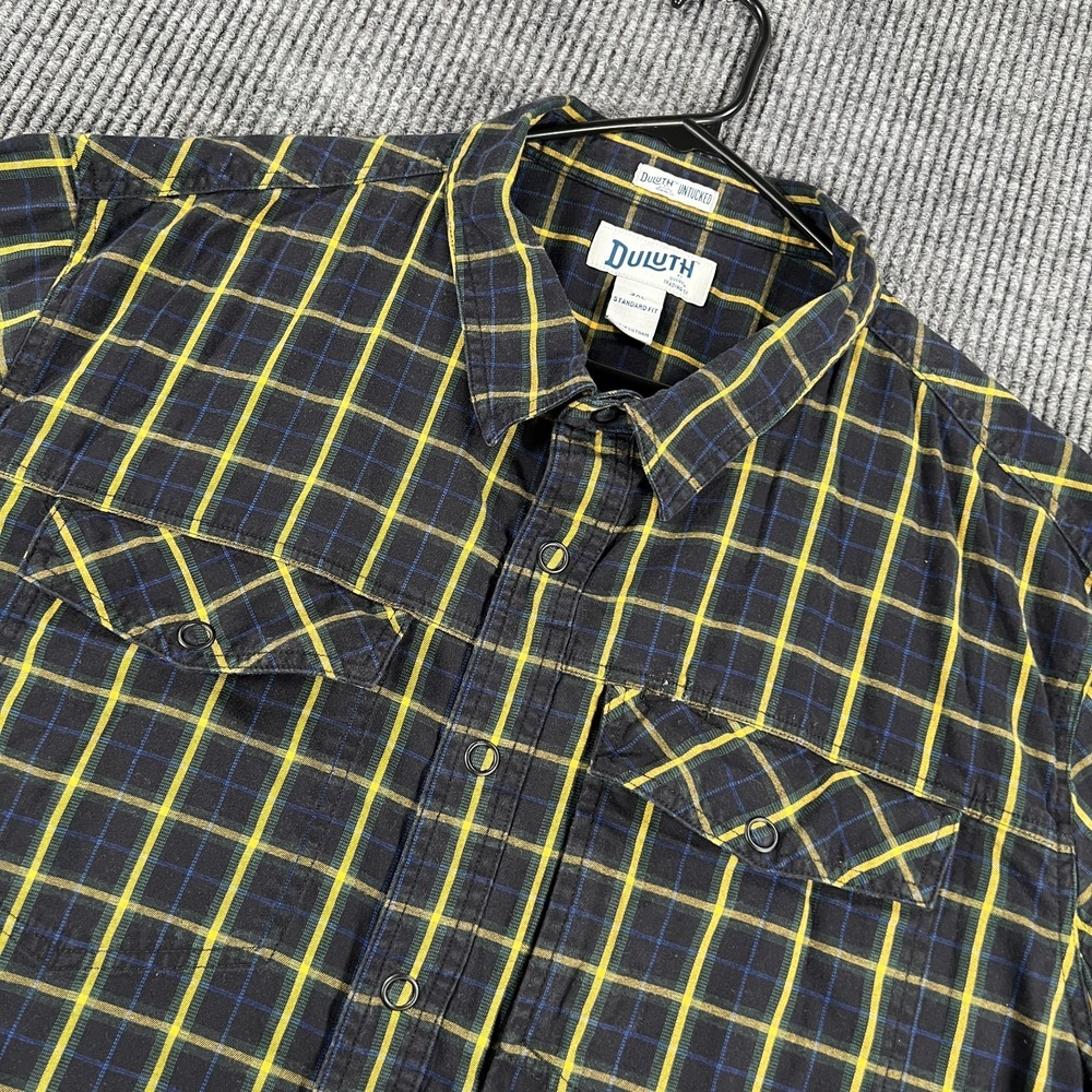 Duluth Shirt Mens 3XL Black Blue Plaid Long Sleeve Button Up Casual Work Untuck